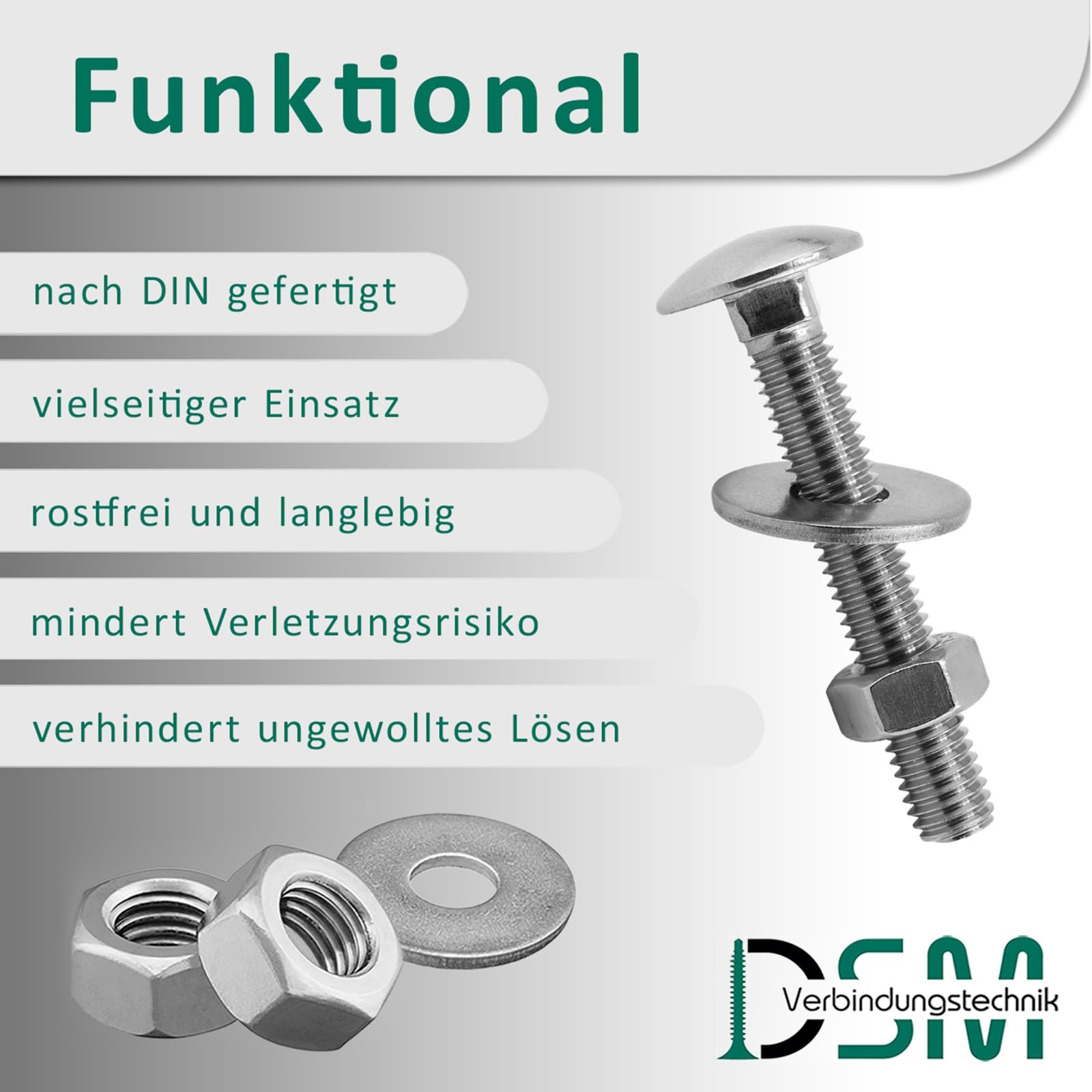 DSM - Viti a testa tonda M10 x 50 mm secondo DIN 603, con dado esagonale M10 DIN 934 e rondella DIN 9021, in acciaio inox A2/V2A, viti a testa tonda con attacco quadrato, 5 pezzi