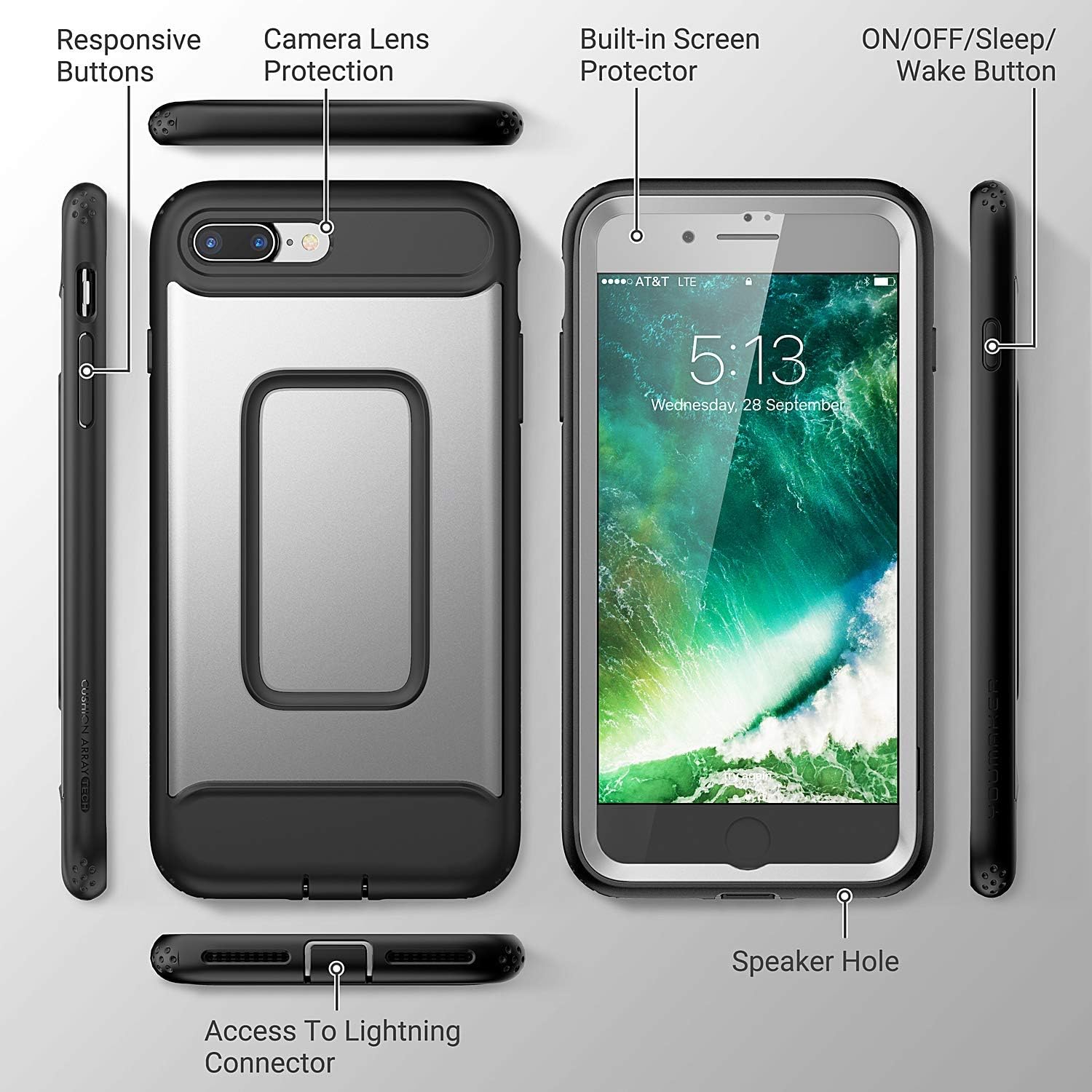 YOUMAKER Case for iPhone 8 Plus & iPhone 7 Plus, Full Body with Built-in Screen Protector Heavy Duty Protection Shockproof Slim Fit Cover for Apple iPhone 8 Plus 5.5 Inch - Silver