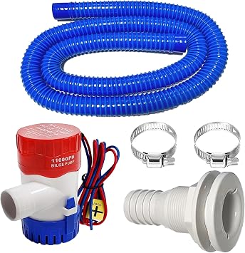 1-1/8 Inch Bilge Pump Plumbing Kit, 1100gph Electric 12v Boat Bilge Water Pump, 6 FT Bilge Pump Hose, 2 Stainless Steel Clamps and Thru-Hull Fitting Blue