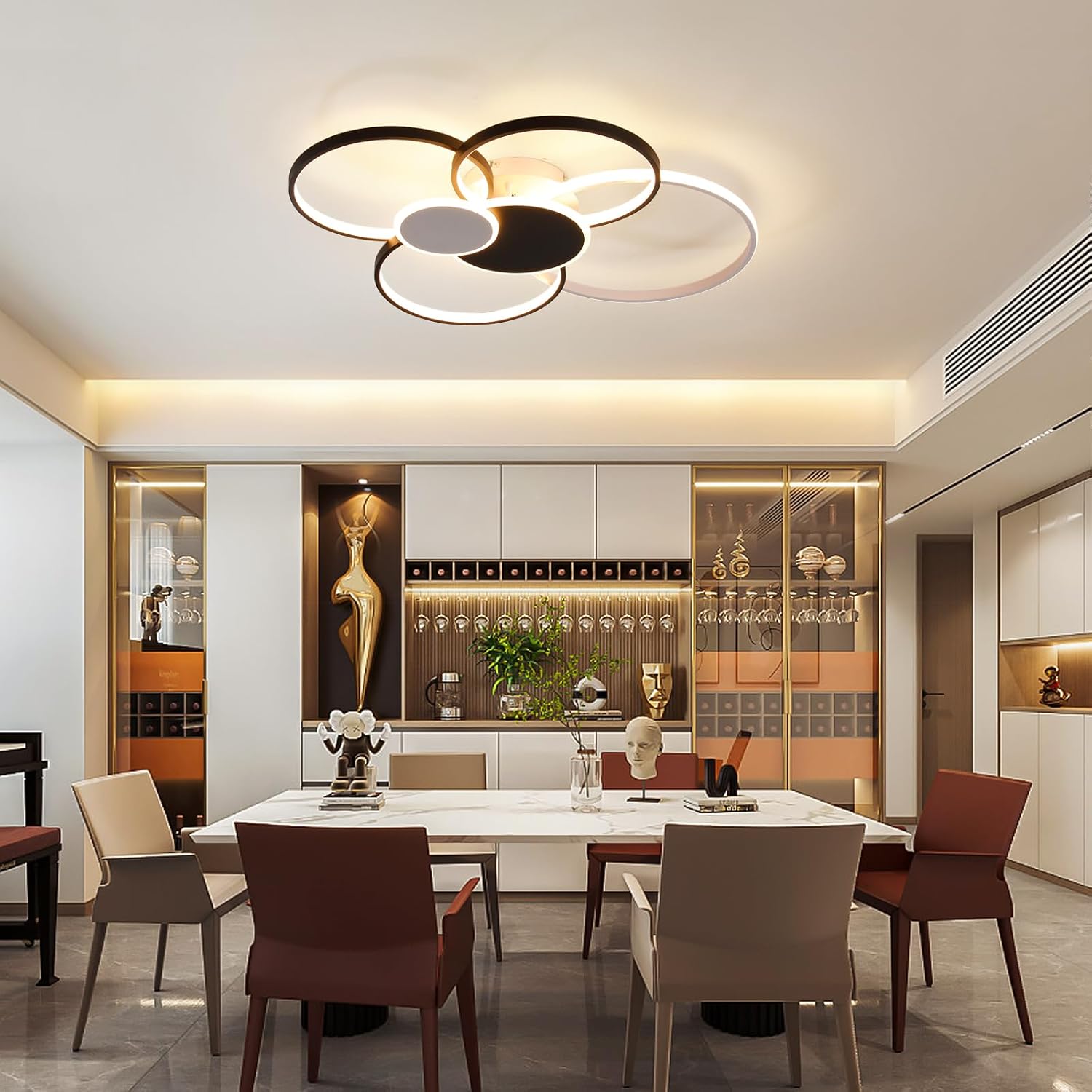 Modern LED Ceiling Light, 6 Circles Flush Mount Ceiling Light Lamp, Dimmable Ring Chandelier Close to Ceiling Light Fixtures for Living Room Bedroom Kitchen (71W/Black)