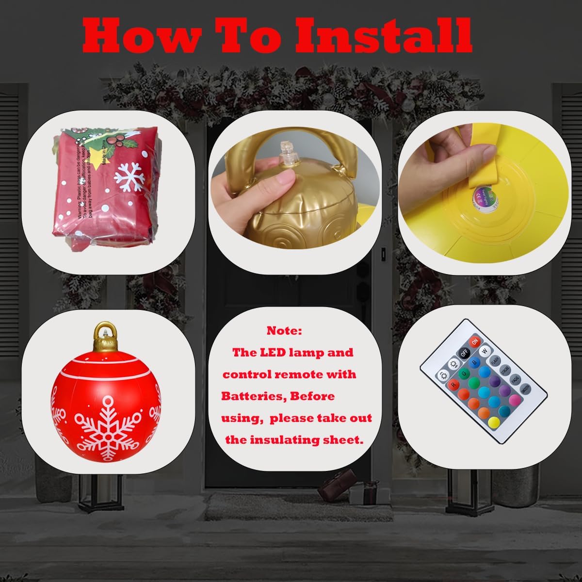 24 inch Inflatable Christmas Balls Ornaments, Christmas Decoration LED Lights with PVC, Giant Xmas Party Supplies, Garden Glow Up Balls with Remotes, Hanging Disco Balls Decor for Outdoor 2Red