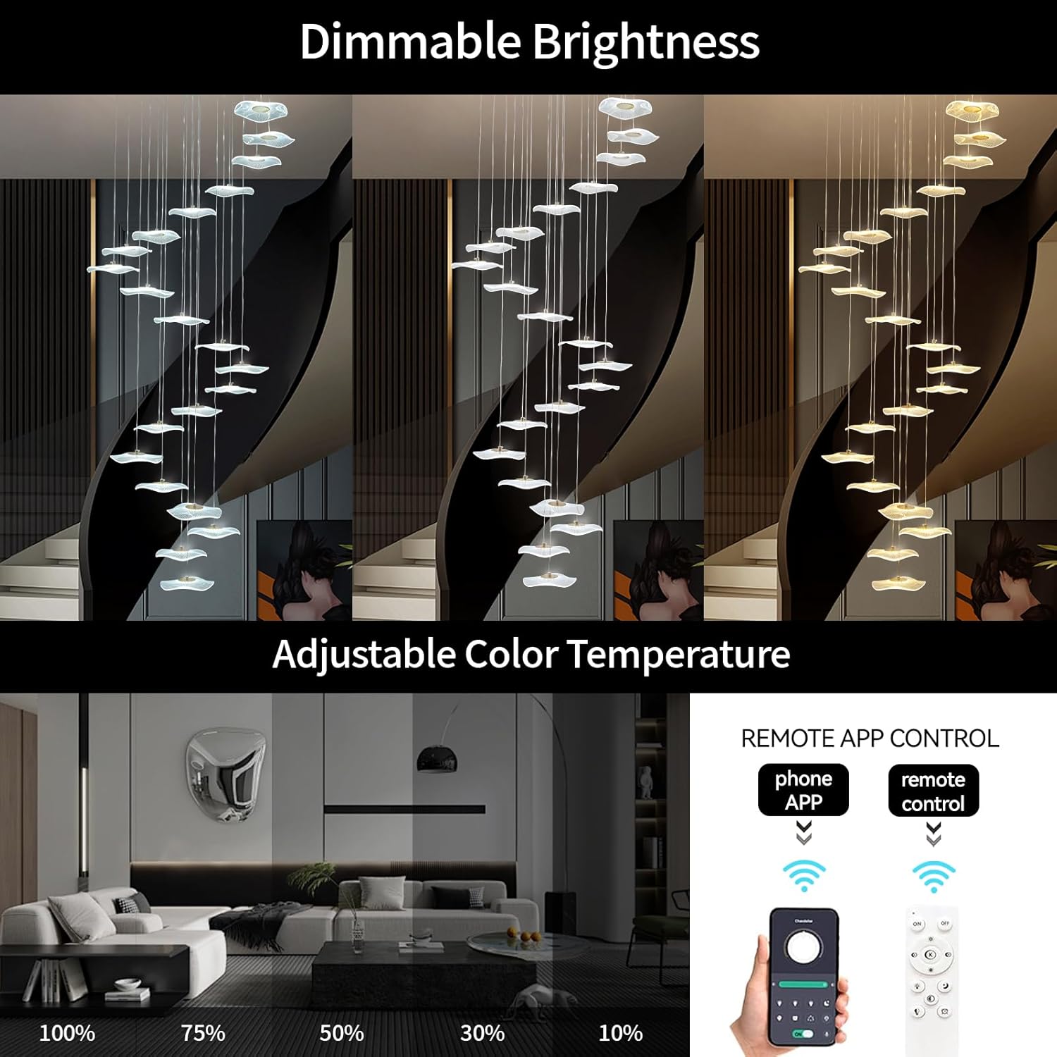 Gold LED High Ceiling Chandelier - 25-Light Dimmable Modern Long Lotus Leaf Chandeliers for Foyer Enterway Staircase