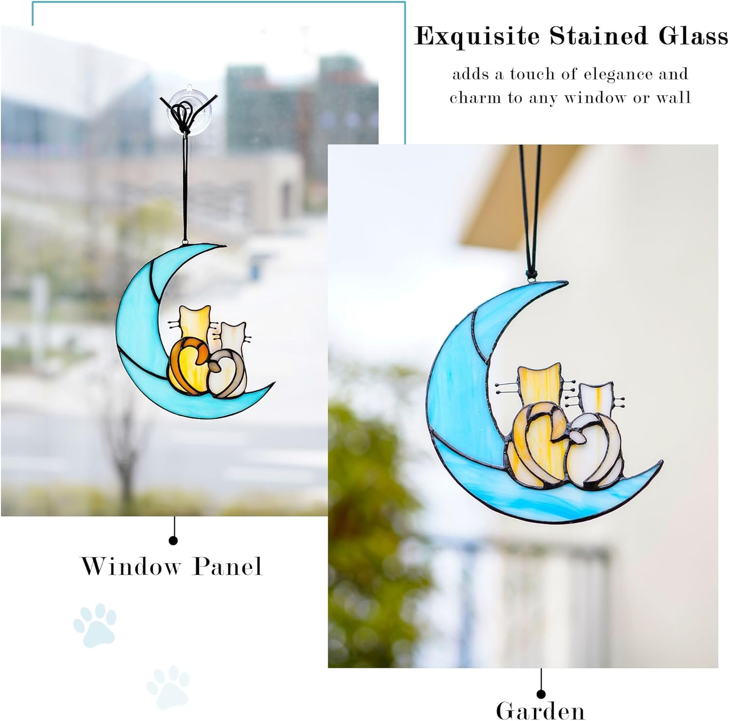 HDCRYSTALGIFTS 6.5'' Valentine’s Day Gift, Cat Lovers Stained Glass Window Hanging Sun Catcher Gifts for Women/Girls, Glass Couple Cat Sitting on Moon Suncatcher for Window, Wall Home Decor - Image 7