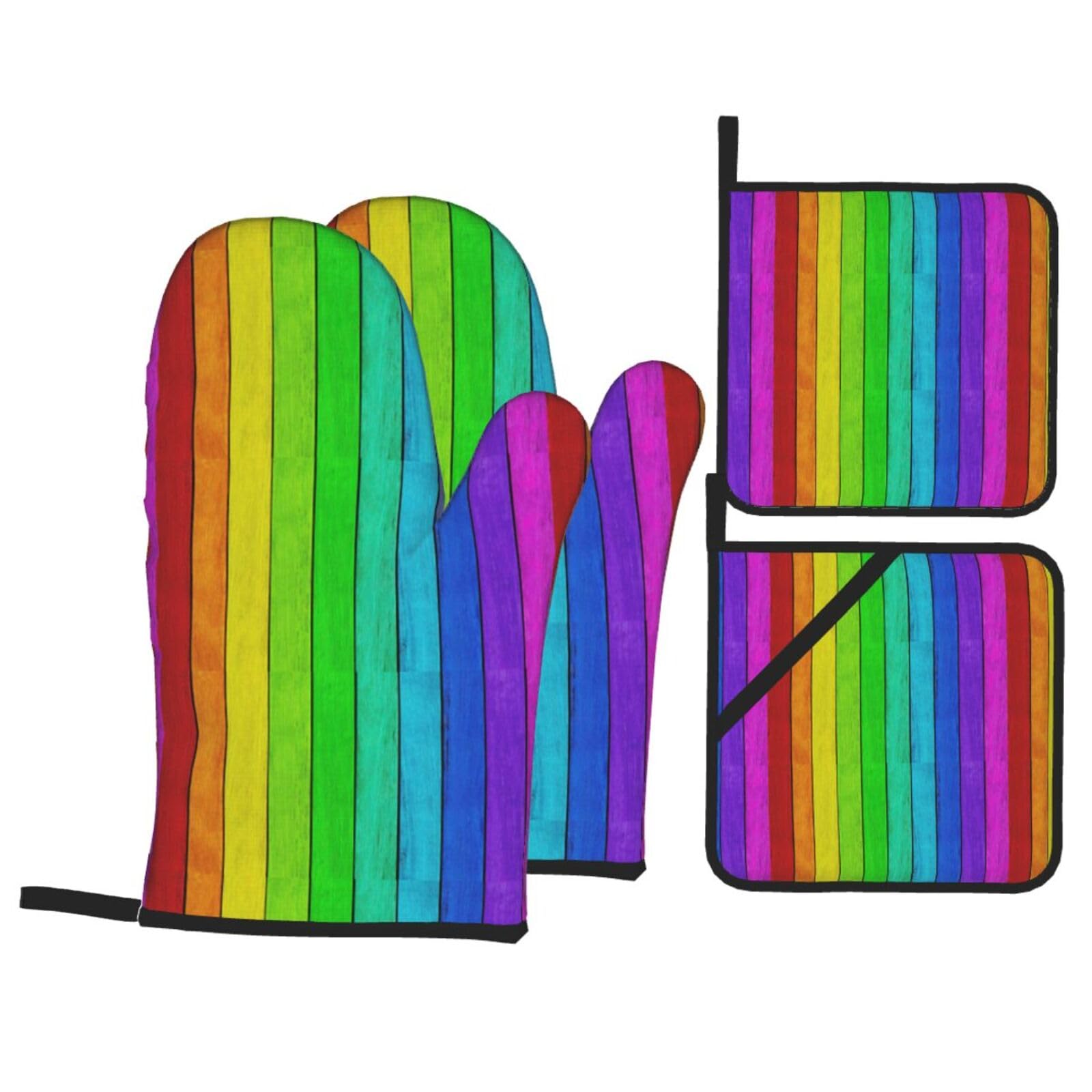 Rainbow Colored Wood Background Print 4-Piece Heat-Resistant Oven Waterproof Kitchen Gloves Cooking Roasting Essential