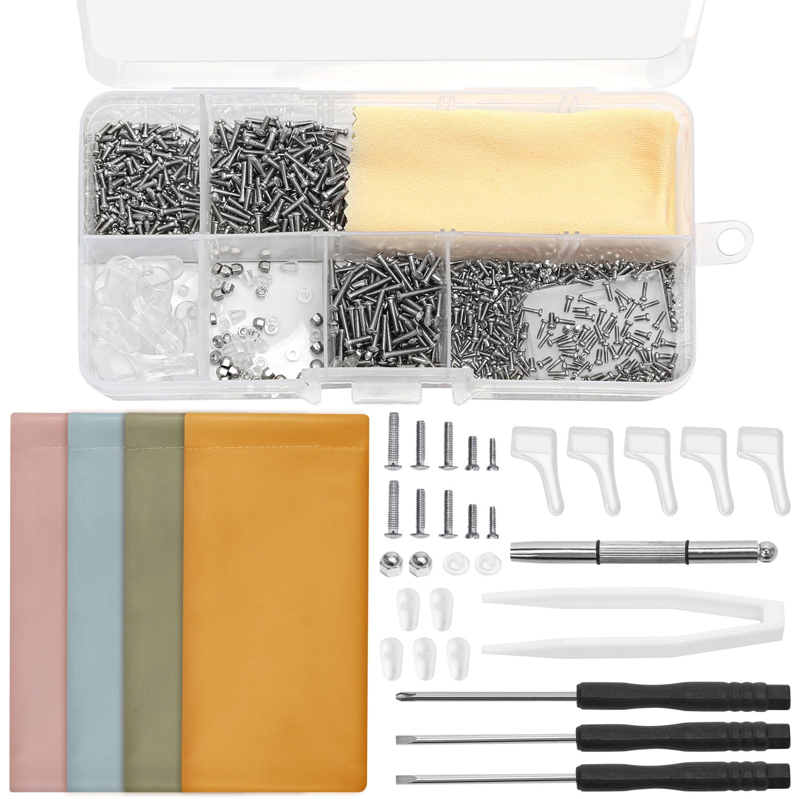1000 Pcs Glasses Repair Kit, Spectacle Repair Kit Screws with Pliers, Sunglasses Repair Kit with 4 Pcs Leather Glasses Case