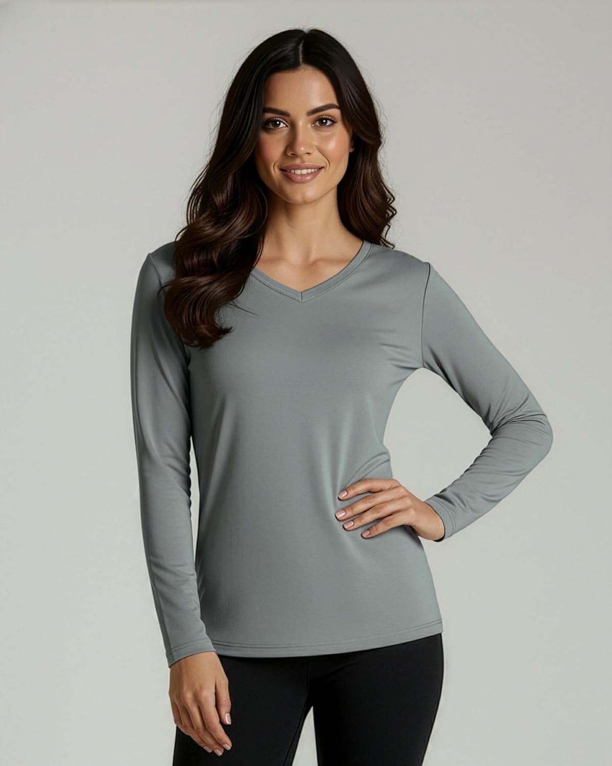 Real Essentials 4 Pack: Women's Long Sleeve Dry Fit V-Neck T-Shirt - Active Athletic Workout Gym Top (Plus Available) - Image 2