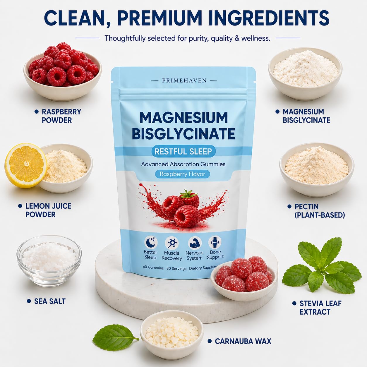 Magnesium Bisglycinate Gummies, Gomitas De Bisglicinato De Magnesio with 400mg Magnesium Bisglycinate Chelate, Sea Salt, Raspberry Fruit Powder, Supports Sleep & Relax Muscles for Women, 60 Gummies — Amazon image 3