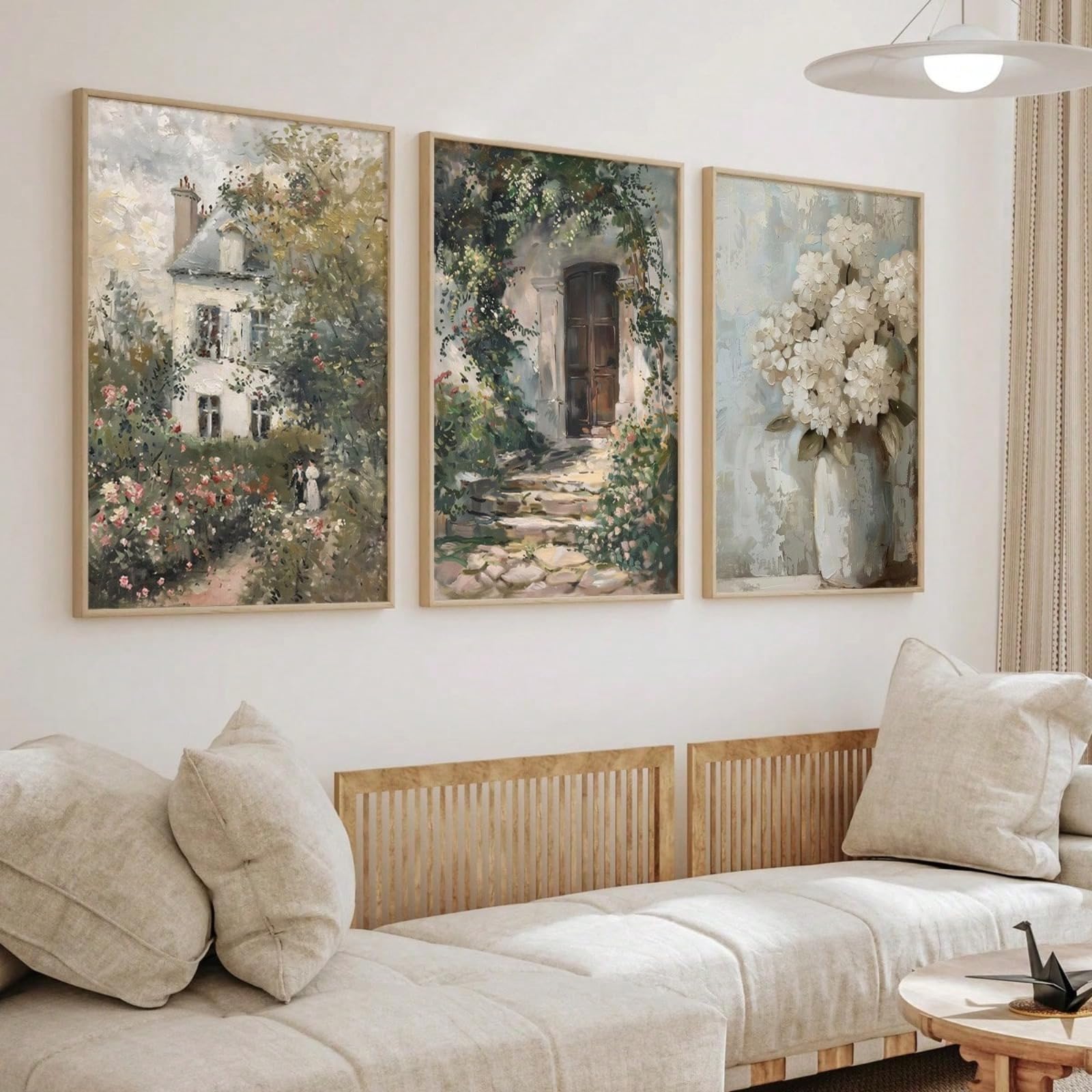 ZBELLO Set of 3 French Cottage Wall Art Prints, Vintage Watercolor Country House Garden Door & White Hydrangea Floral Posters, Neutral Farmhouse Decor for Living Room Bedroom, Unframed (40x50cm)