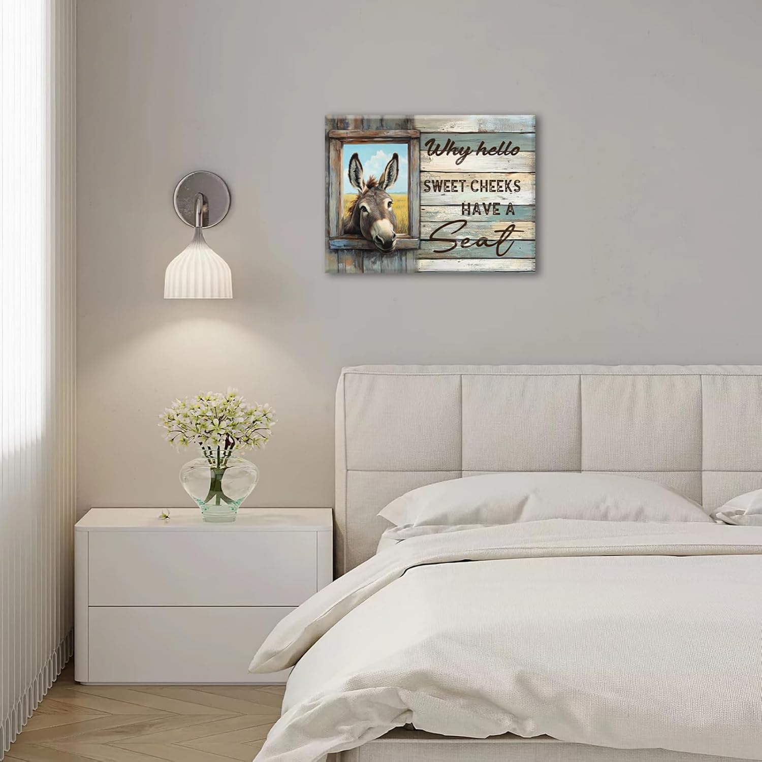 Farmhouse Donkey Bathroom Wall Art, Funny Donkey Canvas Wall Decor, Sweet Cheeks Pictures Framed Painting, Artwork for Bathroom Living Room Bedroom 20L'' × 16W''