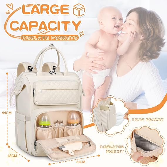 RAINSMORE Baby Changing Backpack Large Changing Bag Backpack with Changing Mat Dummy Holder Pram Straps Baby Bag Nappy Bag Multifunctional for Mum and Dad Apricot