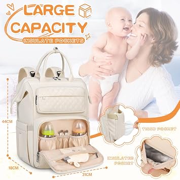 RAINSMORE Baby Changing Backpack Large Changing Bag Backpack with Changing Mat Dummy Holder Pram Straps Baby Bag Nappy Bag Multifunctional for Mum and Dad Apricot