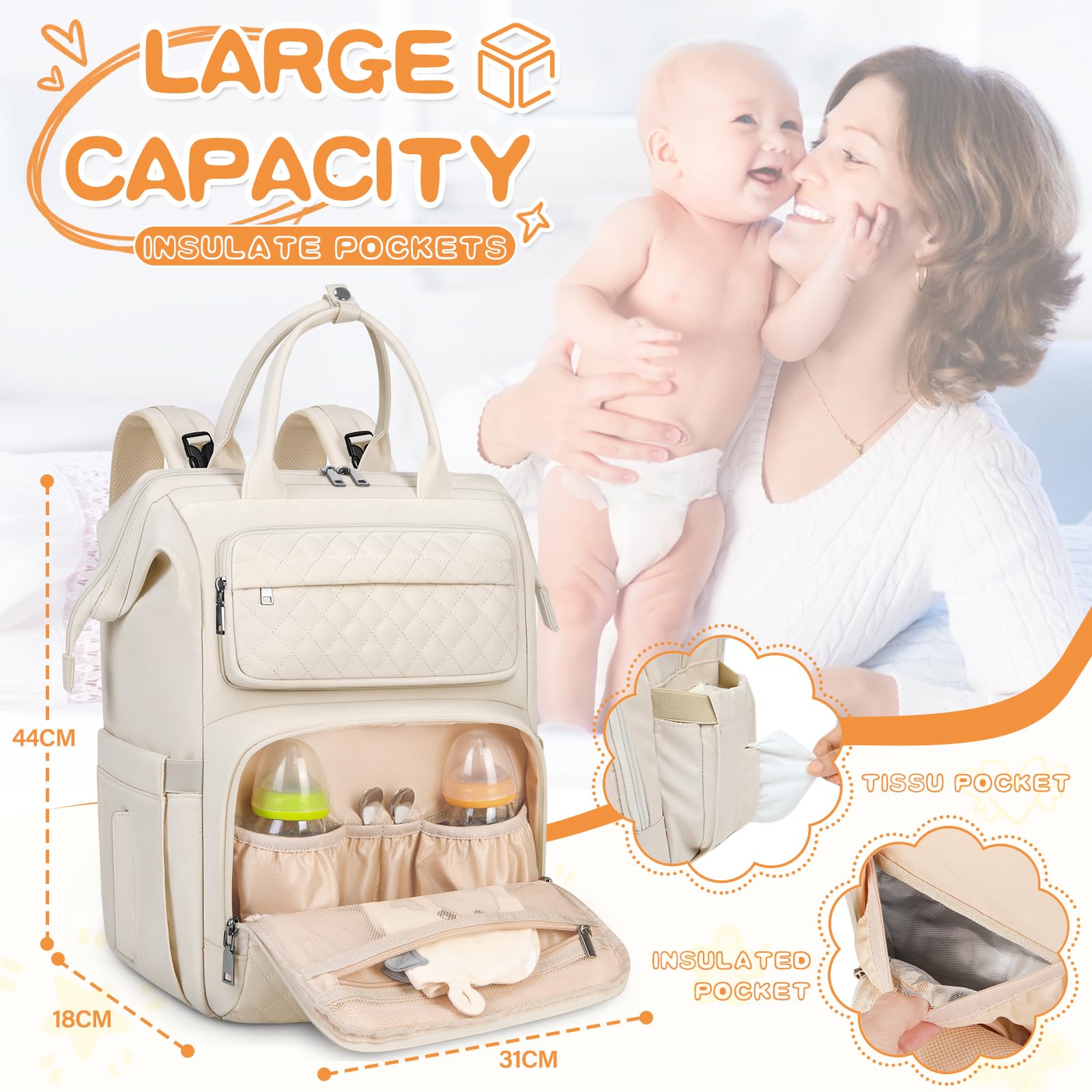 RAINSMORE Baby Wickelrucksack Groß Wickeltasche Rucksack mit Wickelauflage Schnullerhalter Kinderwagengurten Babytasche Diaper Bag Multifunktions für Mama und Papa Aprikose