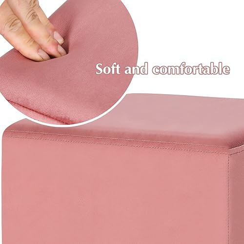 Miniatura 3 de Homebeez Taburete otomano cuadrado rosa de 14.6 pulgadas de ancho con ribete dorado, taburete acolchado suave y compacto, ideal para la sala de