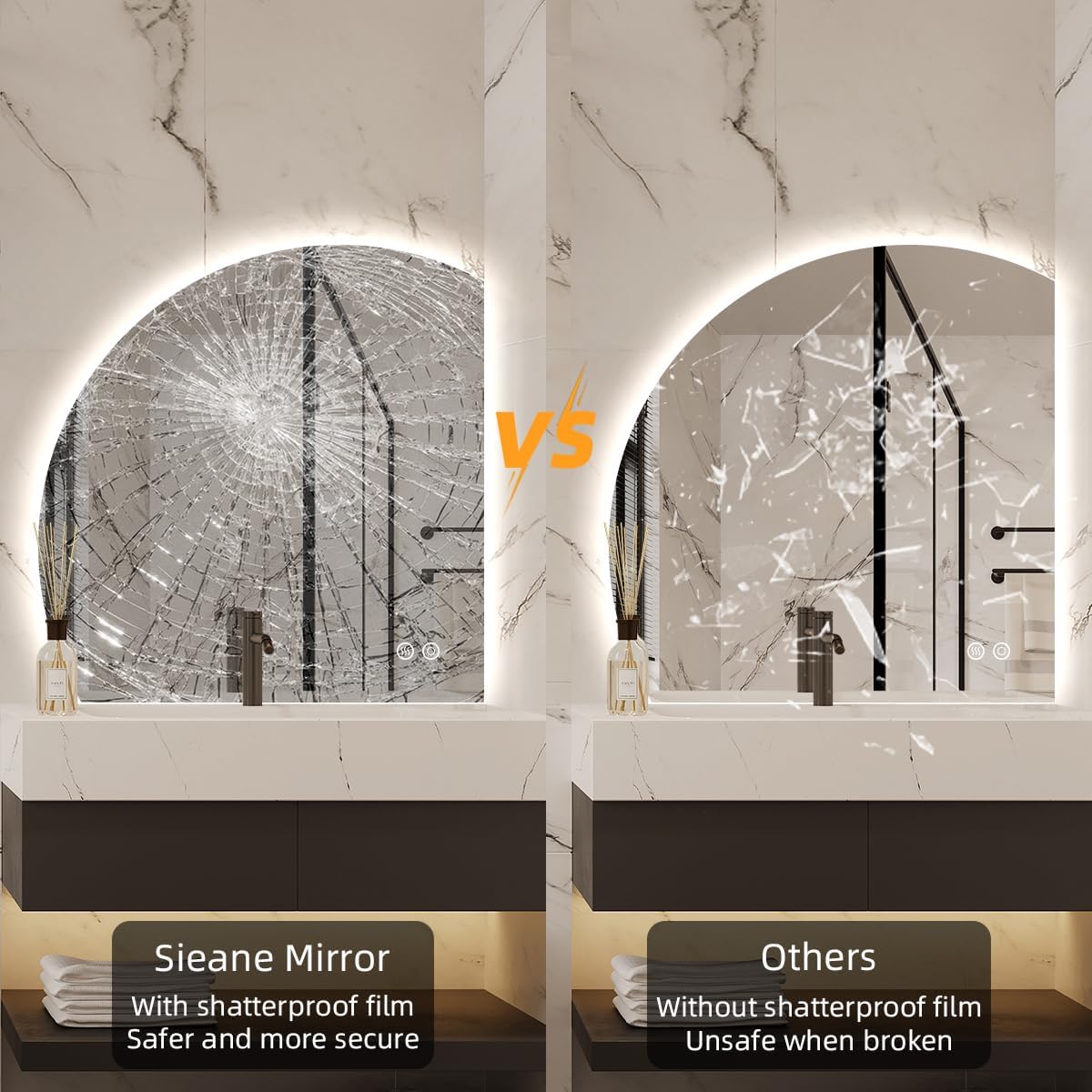 36" x 36" 1/4 Round LED Mirror for Bathroom, Backlit Lighted, Irregular 1/4 Round Lighted Mirror for Wall, Frameless Mirror for Vanity, Anti-Fog, Dimmable, UL-Listed, CRI 90+