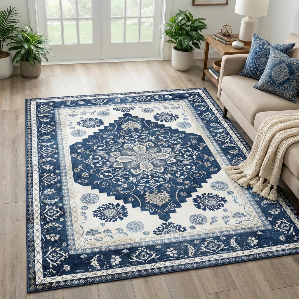 ALALAL Vintage Distressed Design Area Rugs for Living Room - 5x7 ft Soft Low Pile Boho Carpet, Non-Slip Floral Retro Rug for Bedroom Office Dinning Room (Blue)