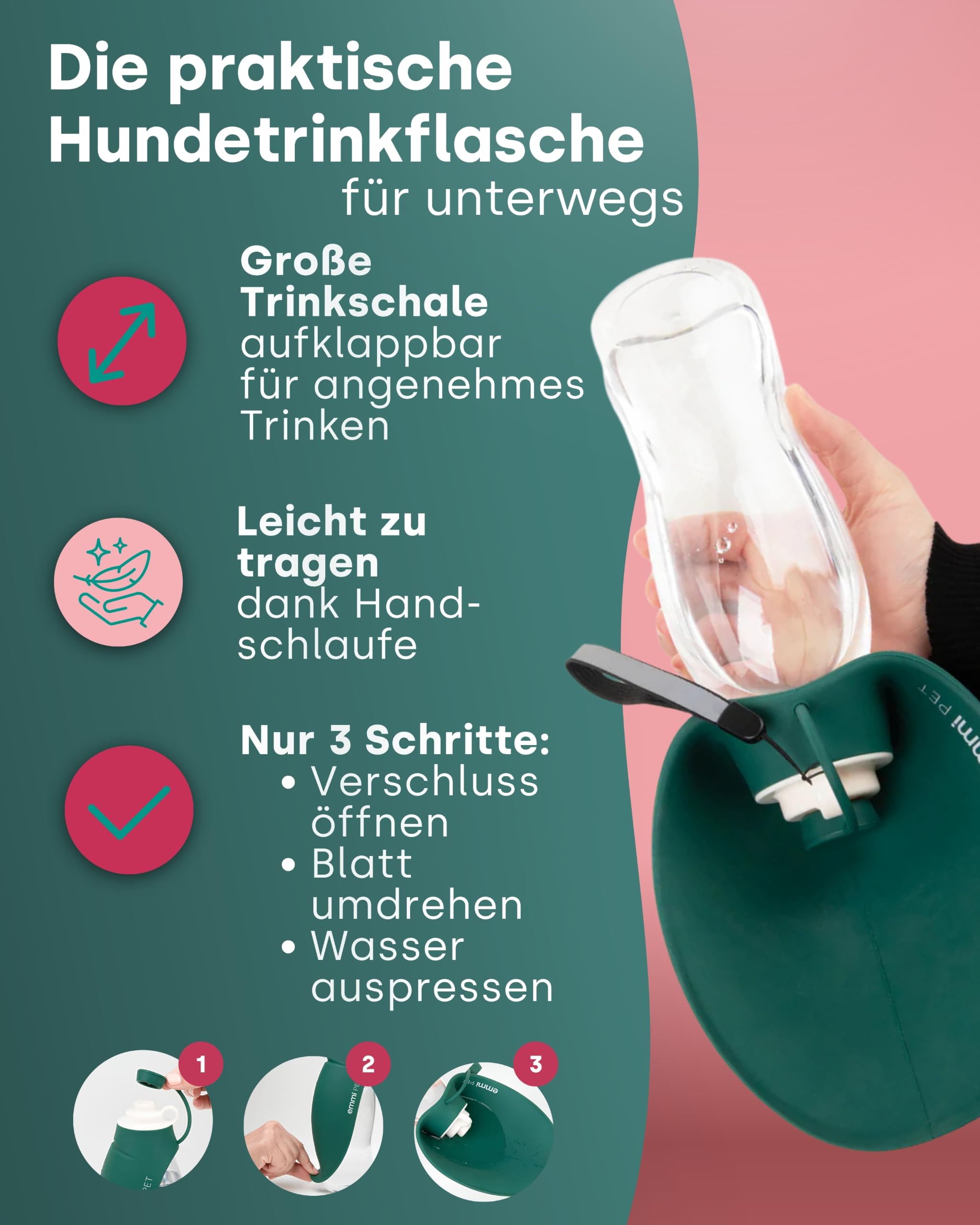 emmi-PET Hundetrinkflasche in Dunkelgrün I 580 ml I Auslaufsichere Trinkflasche mit integriertem Napf I Ideal für Spaziergänge, Reisen & Outdoor I Frisches Wasser to go für kleine & große Hunde