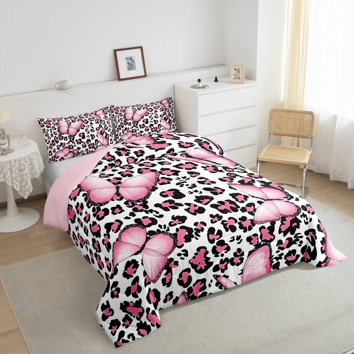 Leopard Print Comforter Set Twin,Pink Butterfly Bedding Set 2pcs for Kids Teens Boy Girl Room Decor,Wild Animals Theme Quilt Set Cheetah Fur Duvet Insert with 1 Pillowcase