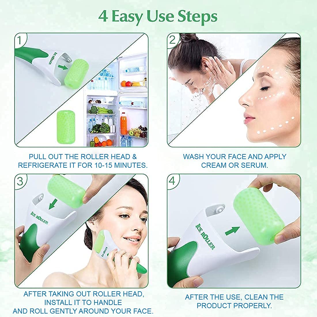 ORILEY Ice Roller Face Massager Facial Skin Care Tool with Cool Gel Beads for Cold Massage Therapy, Reducing Wrinkles & Eye Puffiness (1 Pc, Green) - Image 3 thumbnail