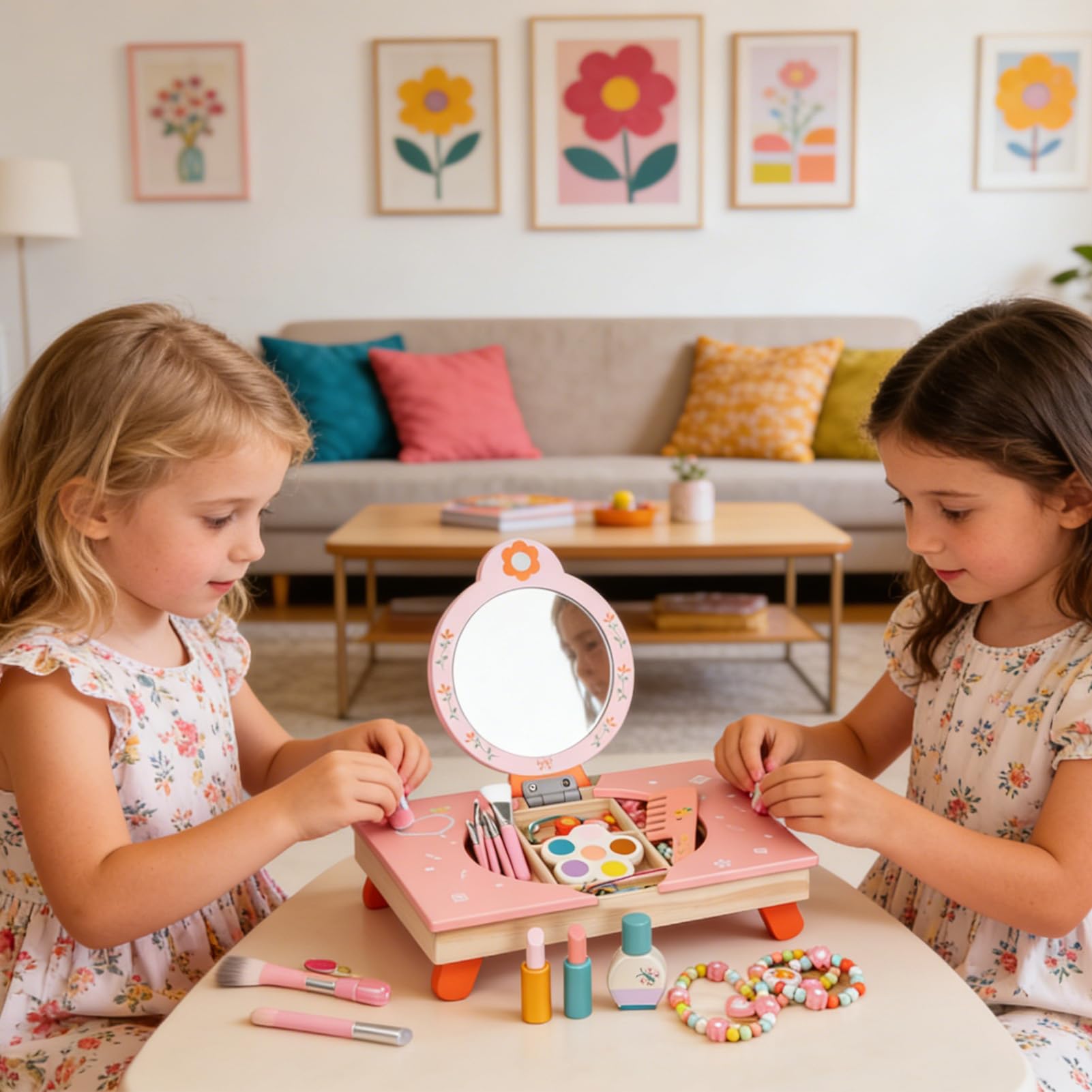 Vanity Da Per Bambini Tavolo da Toeletta in Legno con Specchio | Trucco per Bambini di Finzione con Pettine e per Giochi di Travestimento Compleanno Salon Bellezza