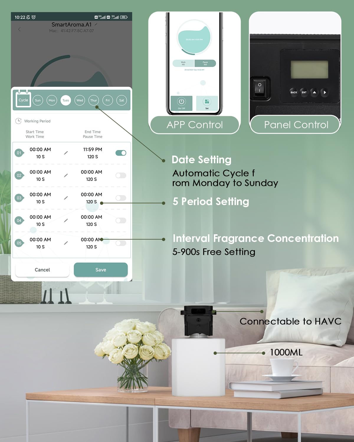 Mxmoonant Diffusore di Oli Essenziali senza Acqua con Nebbia Fredda, Copertura 4000m³, Bottiglia di Olio da 1000ml, da Parete, App Control&Timer, Commerciale, per Auditorium, Negozio, Hotel