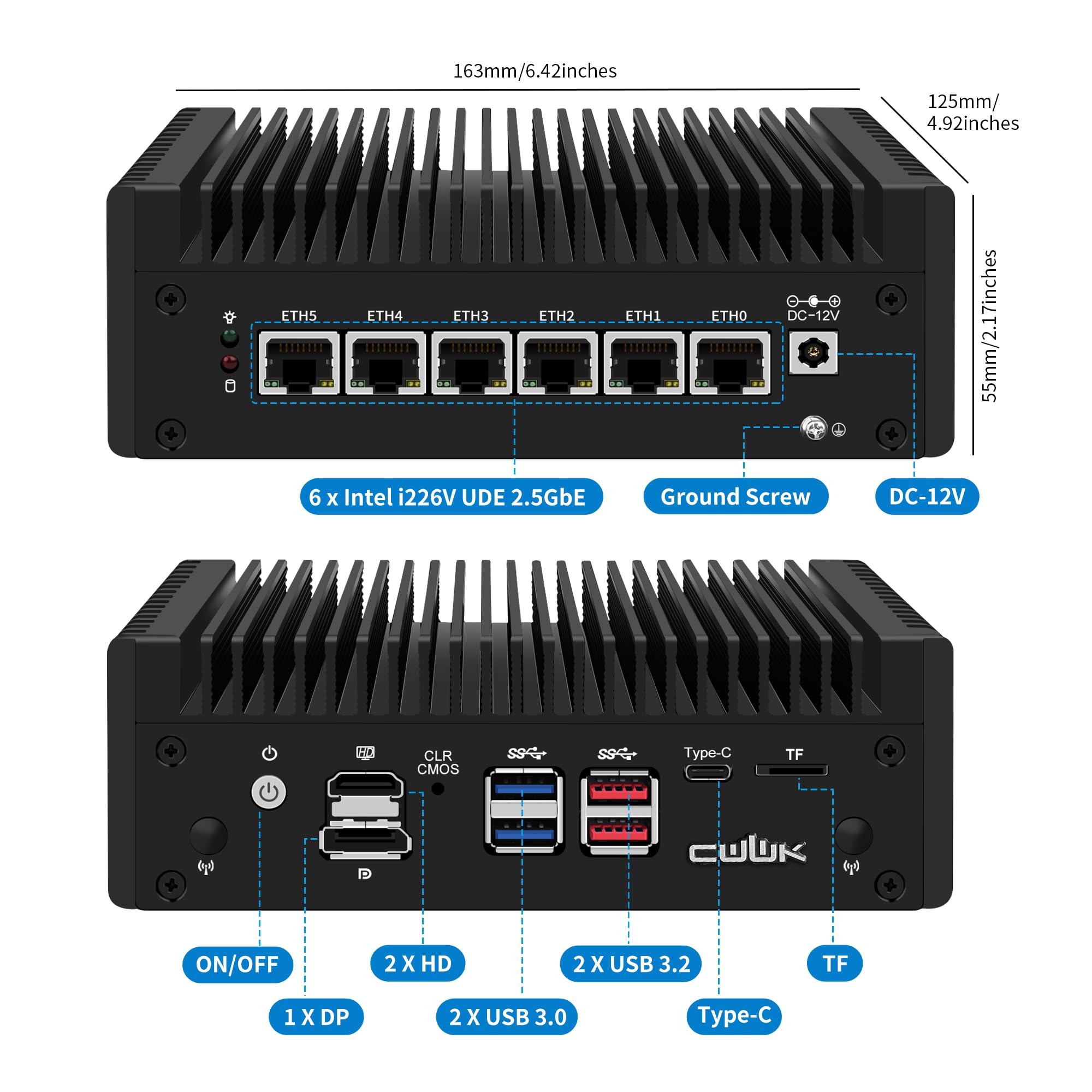 CWWK Mini PC 13th Gen U300 Firewall Appliance, 6 Port i226-V 2.5GbE LAN OPNsense Mini Computer, F17 Fanless Micro PC NO RAM/SSD/OS, PCIe3.0 x4, USB-C, 3-Display, MicroSD, M.2 E-Key