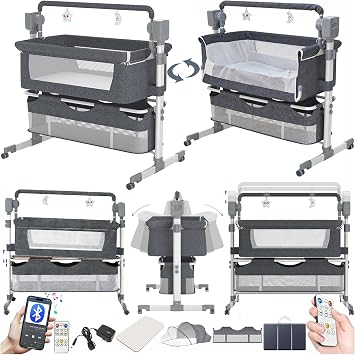 Electric Bluetooth Smart Bassinet for Co-Sleeping, Convertible Baby Bedside Crib Sleeper, Foldable Bedside Cot, Toddler Cradle with 5 Swaying Gears and Remote Control 601 Grey