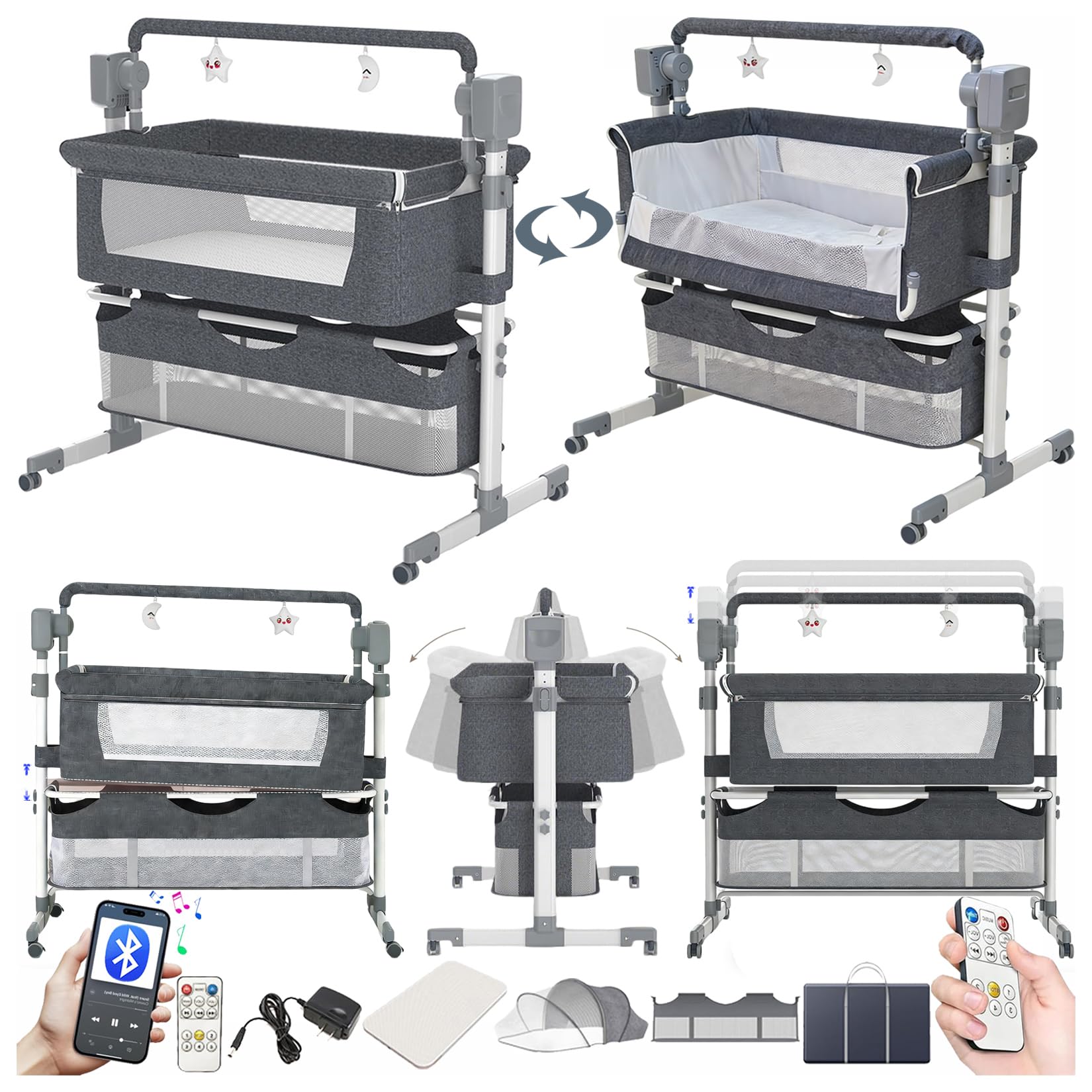 Nine point nine Electric Bluetooth Smart Baby Bedside Next to Me Crib, Multifunctional Co-Sleeping Bassinet Cot, Toddler Bedside Sleeper, Foldable Convertible Cradle 5 Swaying Gears (601 Grey)