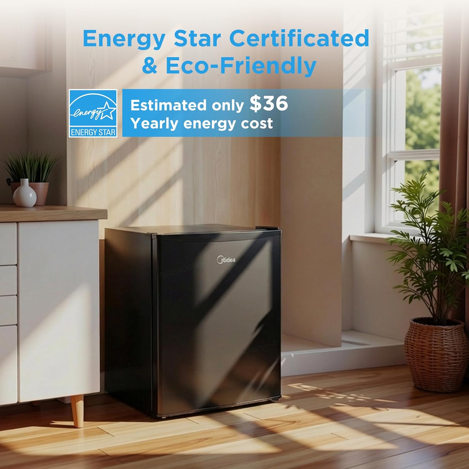 midea merm26b0abb mini fridge, 2.7 cu.ft energy star certified mini refrigerator, adjustable thermostat, reversible door, low noise for dorm, office, bedroom, black black 2.7 cubic feet