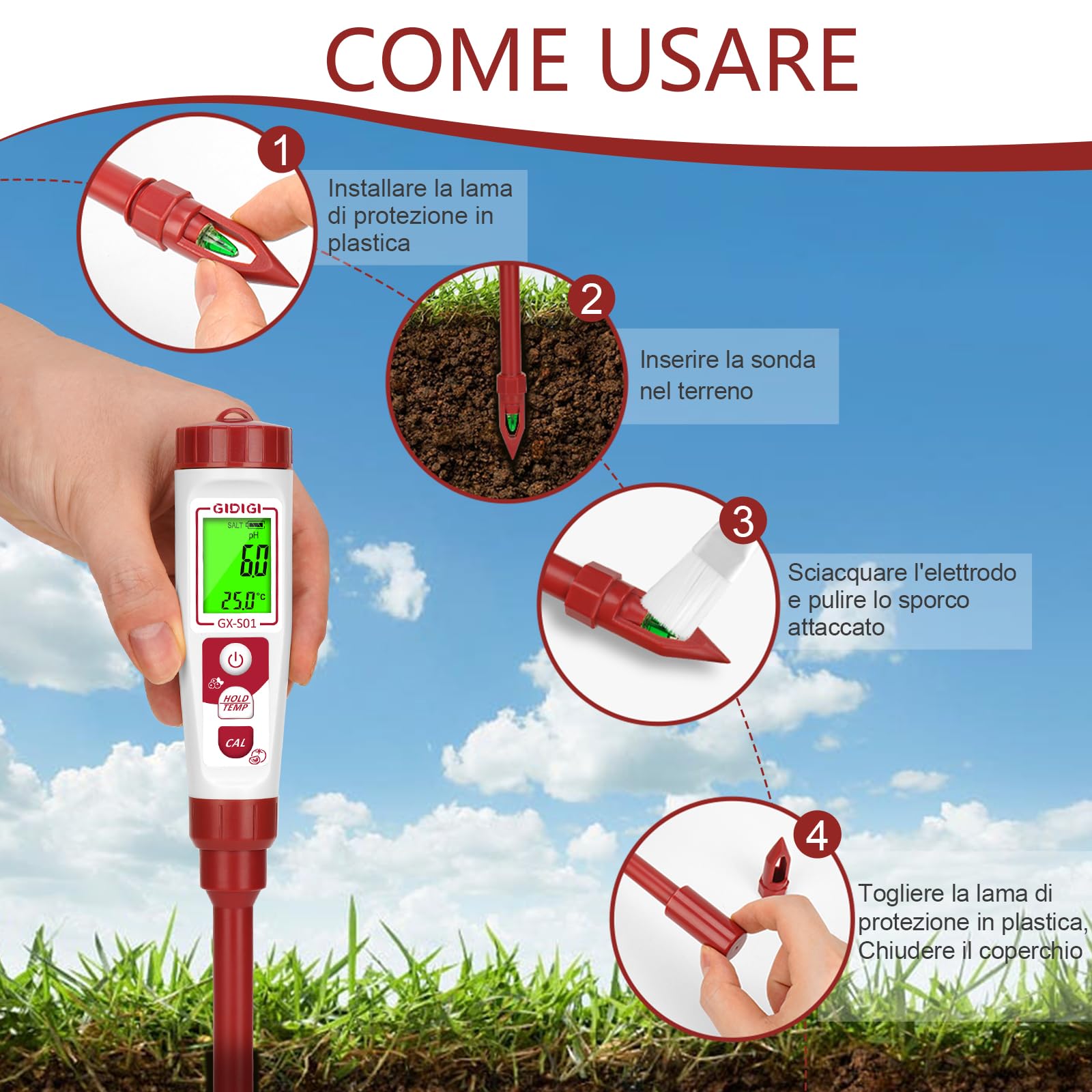 Misuratore pH per terreno digitale, tester pH suolo per piante in vaso, kit elettronico per il test del pH terreno per giardino, prato, interni ed esterni, serra, agricoltura, uso in cortile