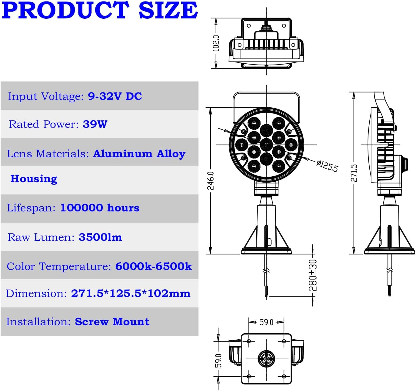 Manual Rotating Search Light for Boat, IP67 Waterproof Spotlight for Truck vessel Marine Searching 360 Rotating, 39W Auxiliary Searchlight Driving Light for Pontoon and Yacht and Small Boat, 12V/24V