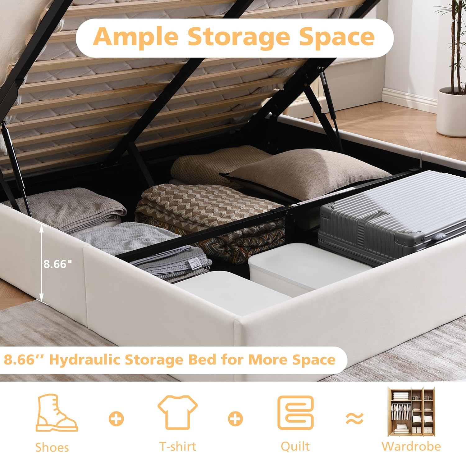 VELOCAVA Queen Lift Up Storage Bed Frame, Velvet-Look Upholstered Bed with Modern Wingback Headboard, Gas Lift Storage, Wood Slat Support, No Box Spring Needed, White