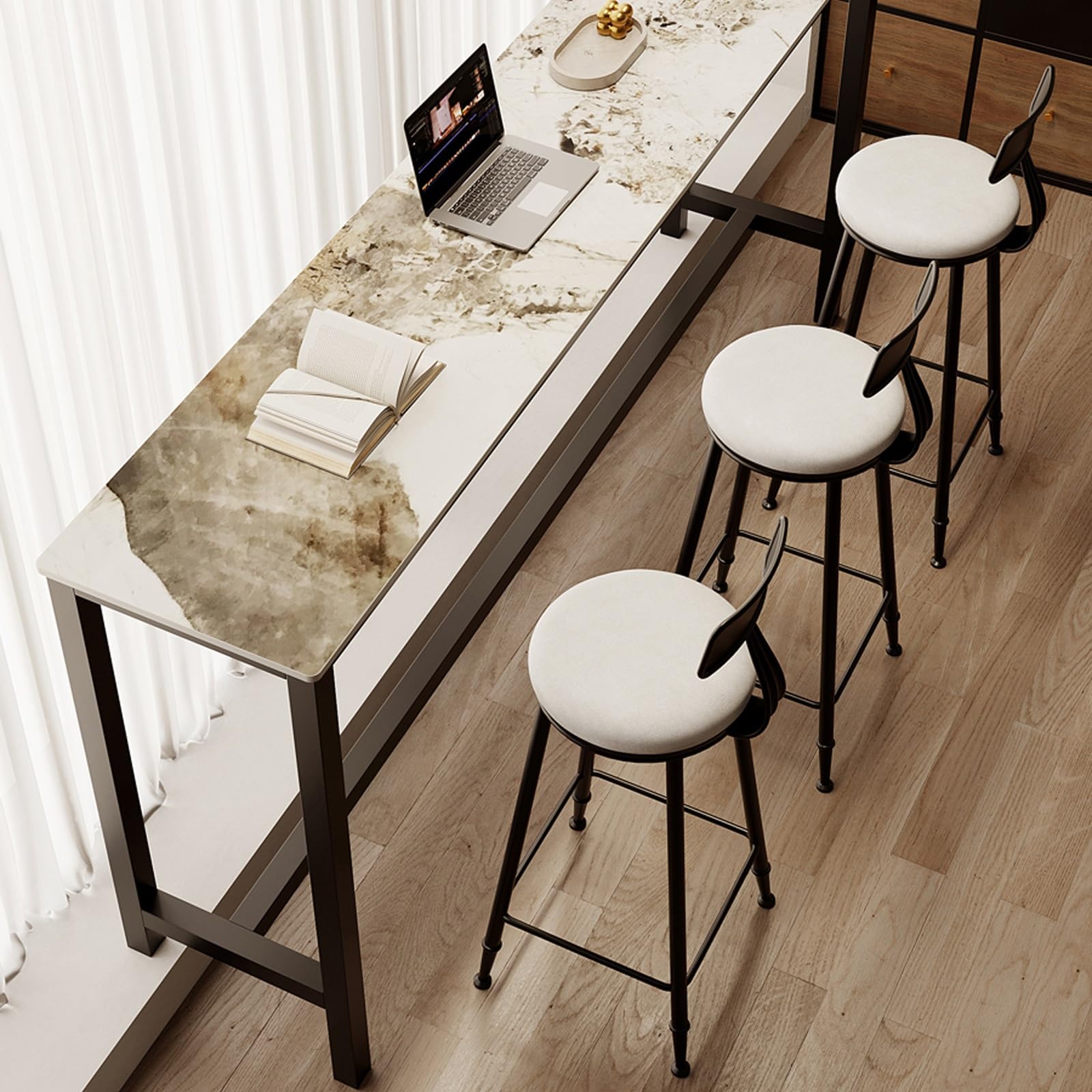 Table de bar industrielle de hauteur de comptoir – 180 cm blanche design étroit pour cuisine, salle à manger, cafés et restaurants, pas besoin de tabourets, parfaite pour les balcons et les espaces.