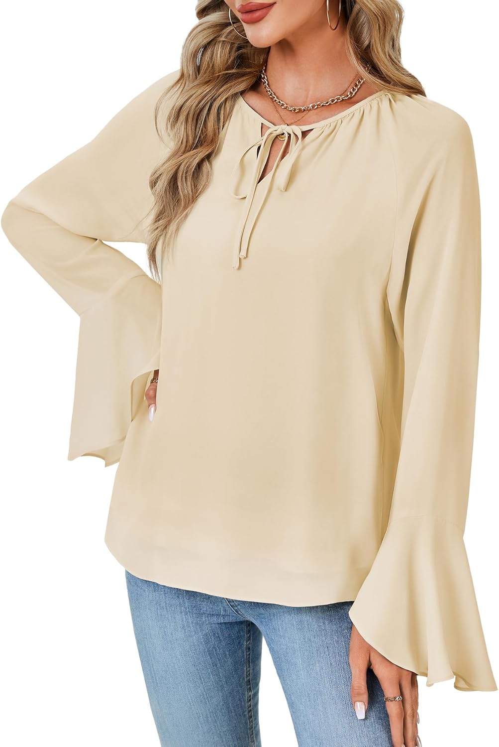 OPOIPIN Women's Ruched Tie V Neck Flounce Long Sleeve Casual Shirt Blouse Top - Image 3