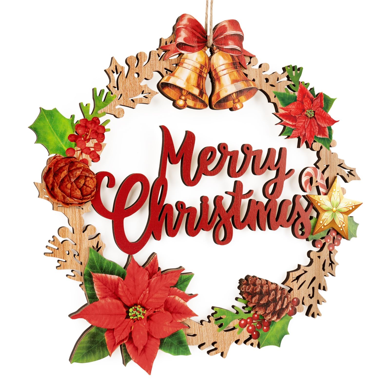 BOFUNX Corona de Navidad para Puertas Corona Navideña Adorno Madera Decorativa con Feliz Navidad Flor Pascua Campana Lazo Decoración para Colgar de Puerta Pared Hogar de Navidad 30cm
