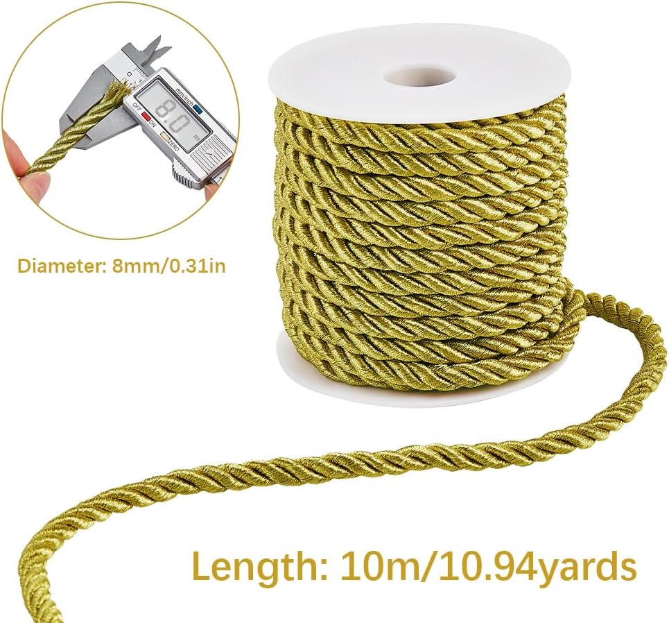 11 Yards/10M 8mm Twisted Cord Gold Decorative Rope Thick Polyester 3-Ply Silk Twine String Twist Graduation Honor Cords Braided Cording for Home Decor Costume Bag Upholstery Curtain Tieback