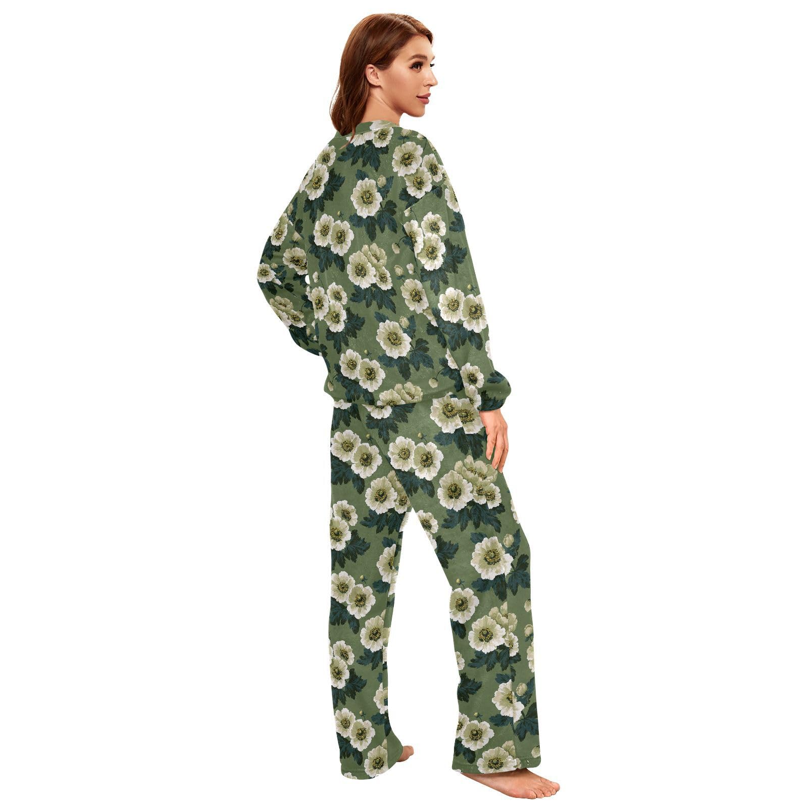 Casualowy damski zestaw piżamowy Anemone Coronaria Sage Green top i spodnie z długim rękawem
