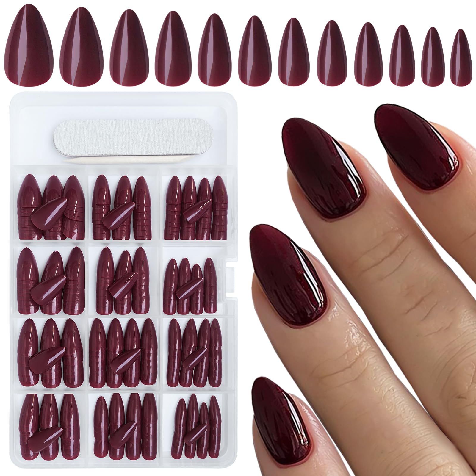 AddFavor Almond Press-on Nails, 360pcs Burgundy Short Plastic False Nails Set with Glue Adhesive Tabs, Glossy Finish for Women and Girls