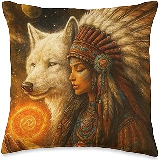 Indian Native American Woman with White Wolf Vitage Gifts Throw Pillow