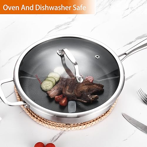 Miniatura 6 de DELARLO Sartén de acero inoxidable de tres capas de cuerpo entero de 12 pulgadas con tapa, sartén híbrida de cocina, ollas y sartén de inducción