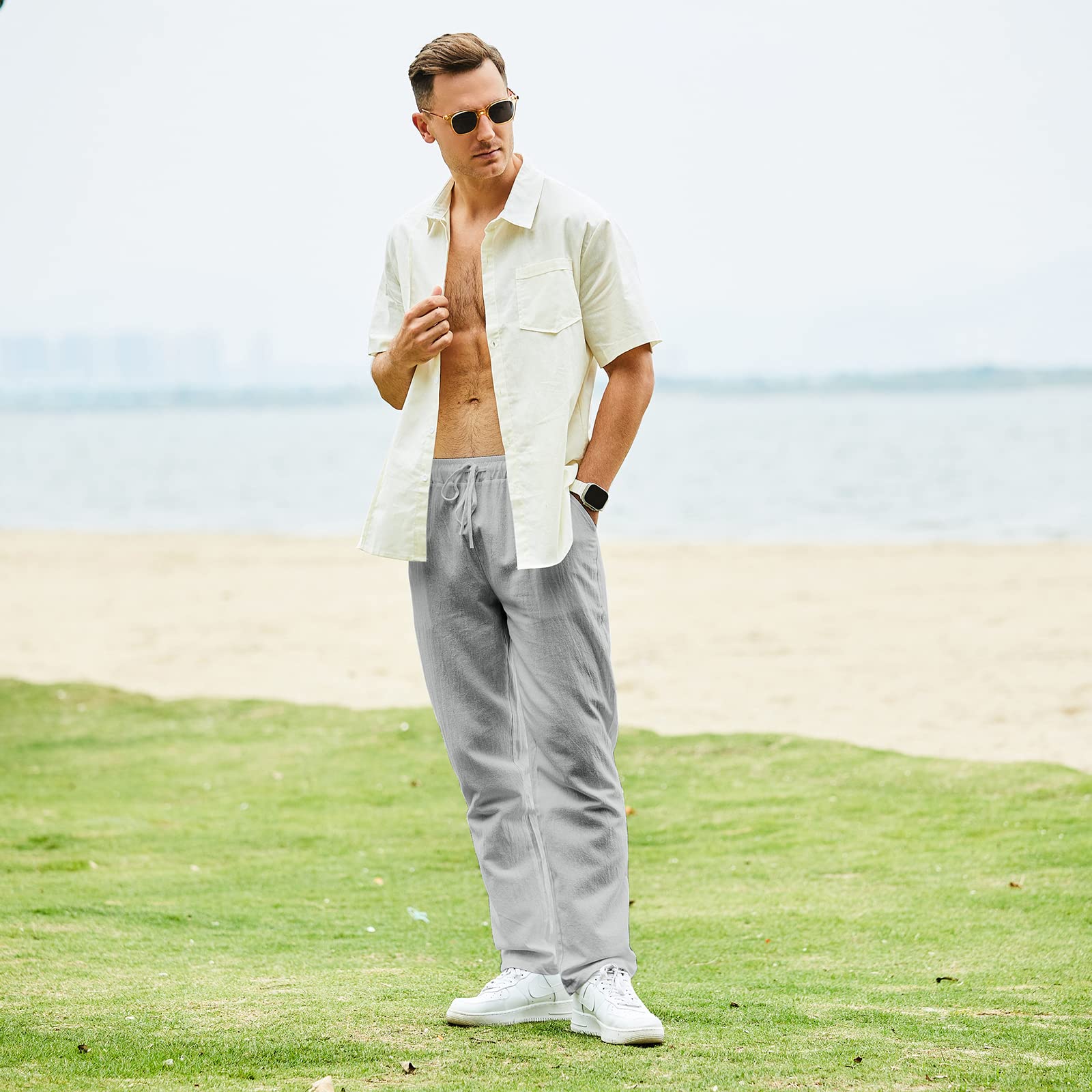 Pantalones de Yoga de Playa de Lino con Cordón para Hombre, Pantalones Largos Casuales Sueltos y Ligeros.
