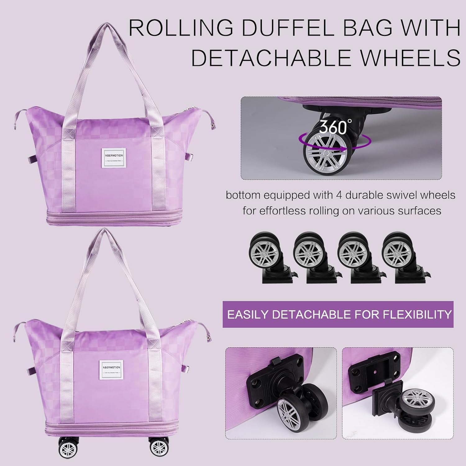 Expandable Rolling Duffle Bag - Large Carry-On With Spinner Wheels, Foldable Weekend Travel Bag, 28-58L Capacity（Backpack-Purple）