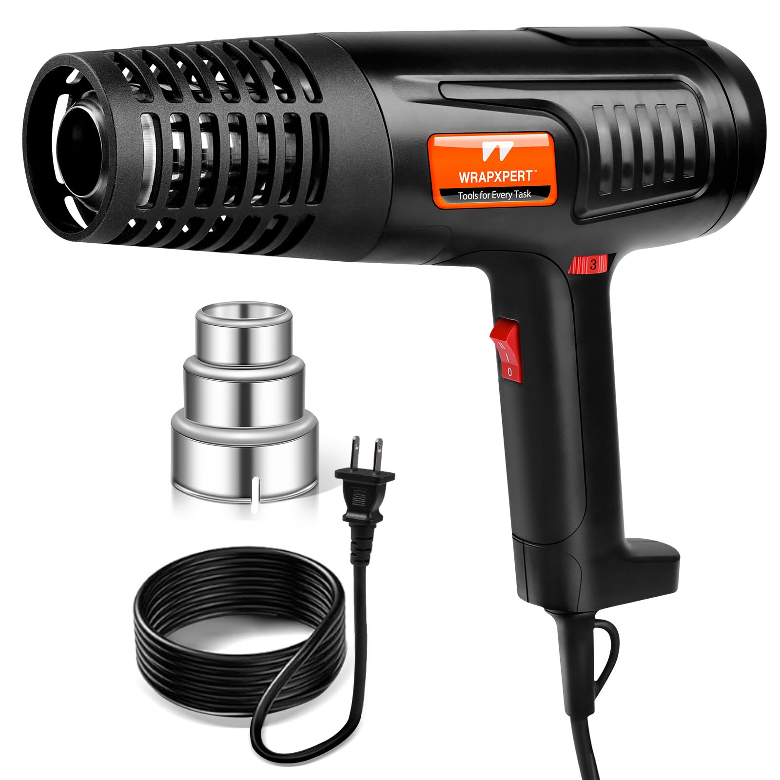 WRAPXPERT Pistola de calor para envoltura de vinilo de 1600 W, 50.0 °C a 650.0 °C con 2 velocidades de aire de temperatura variable, calentamiento rápido, pistola de aire caliente resistente para