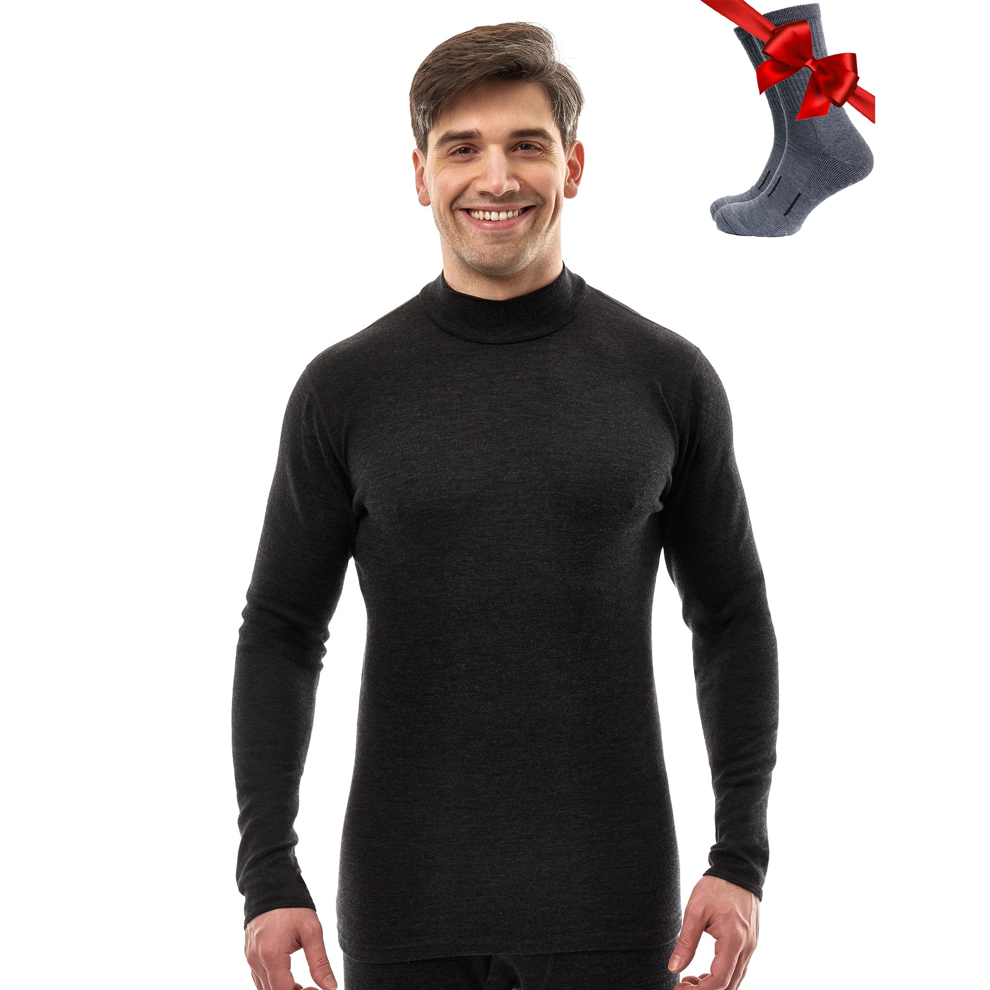 Merino.tech 100% Lana Merino Dolcevita Uomo - Maglia Termica + Calzini | Maglione 2 Stili Di Collo,Non Pizzica Calore e Stile Casual, Protezione e Traspirabilità Ideali Per Il Trekking e Lo Sci