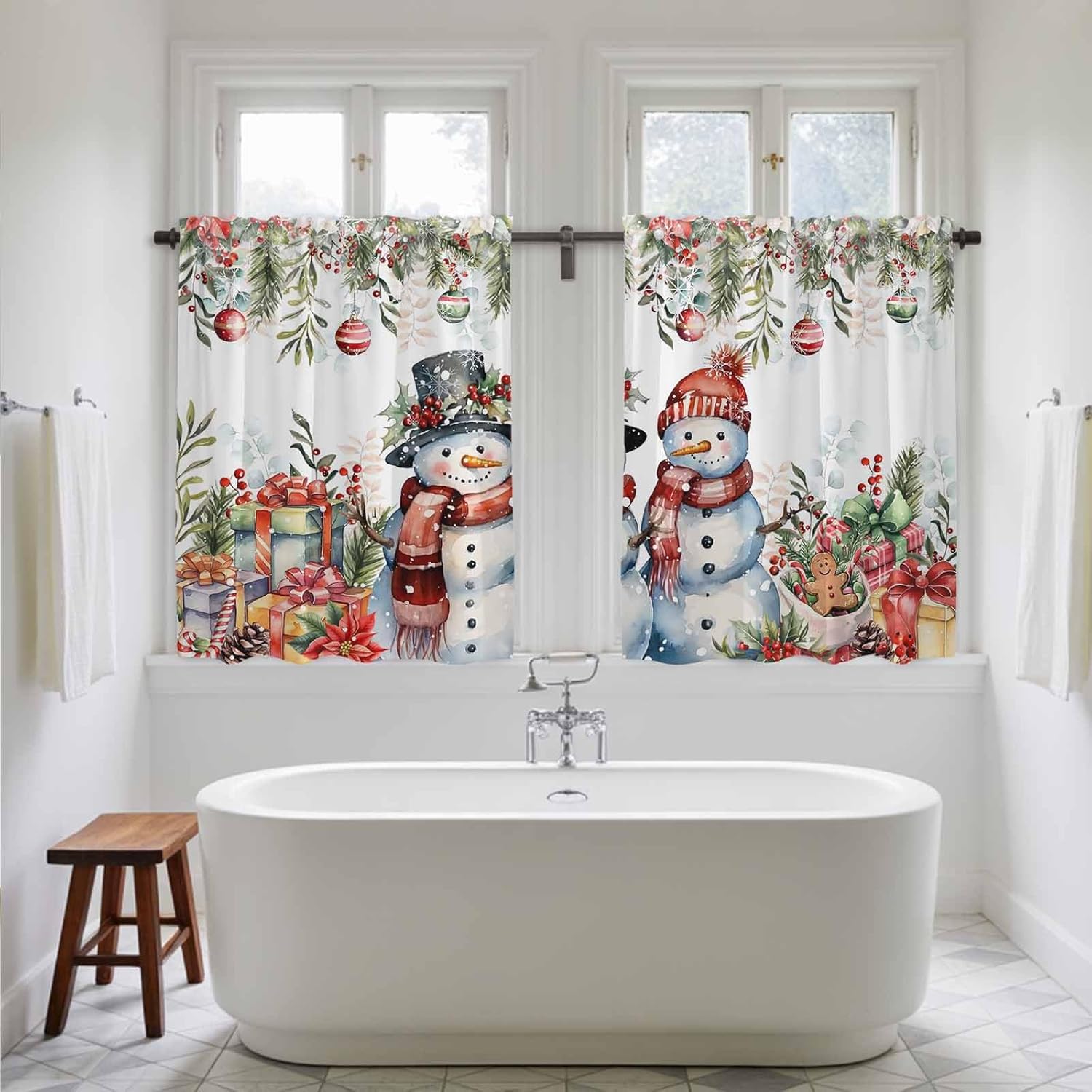 Christmas Snowman Kitchen Tier Curtains 45 Inch Long 2 Panel Set,Rod Pocket Short Window Treatment,Xmas Balls Poinsettia Botanical Light Filtering Curtains & Drapes for Bathroom Basement 27.5"W x 45"L