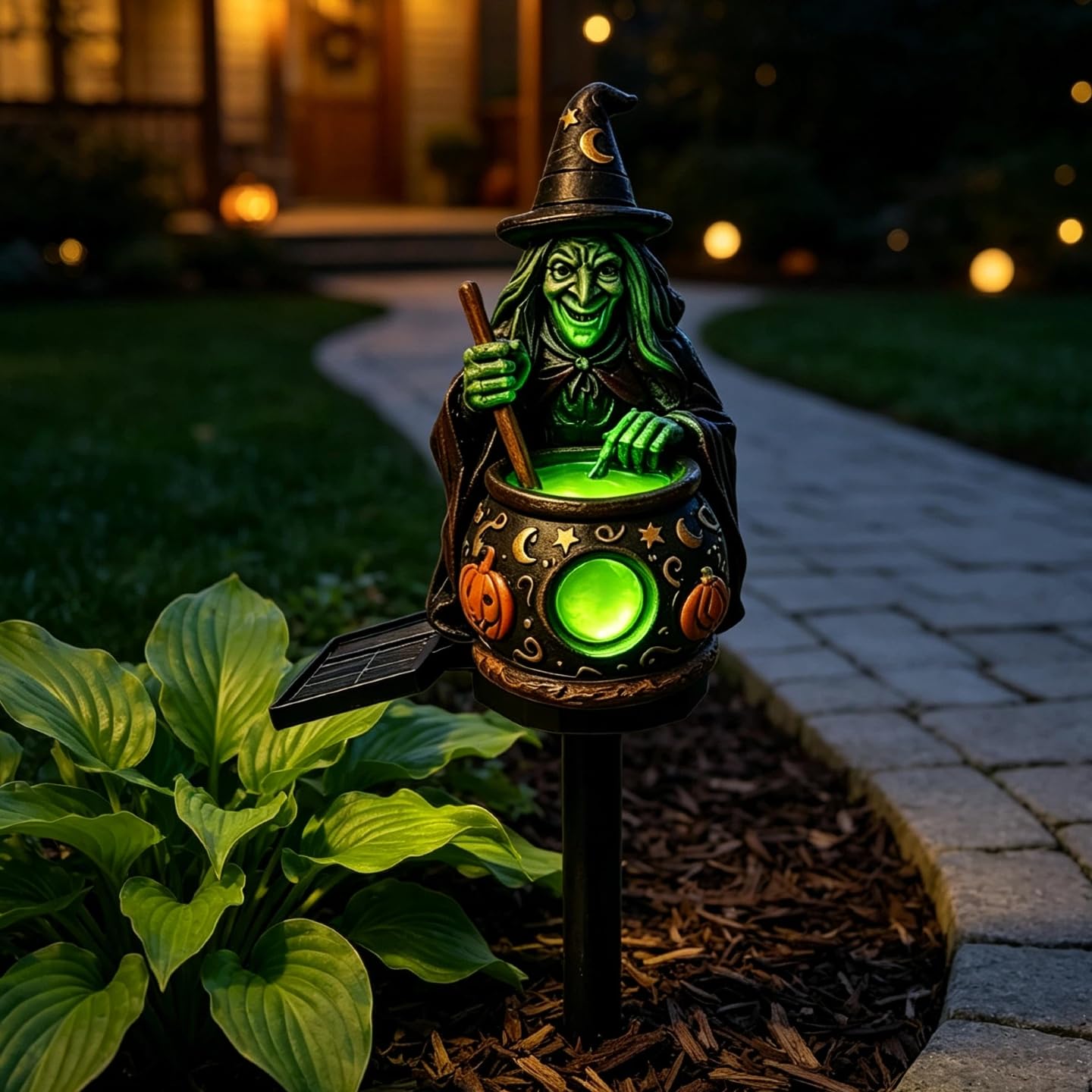 Halloween Solar Witch Cauldron Garden Stake Light, Spooky Nights Glowing