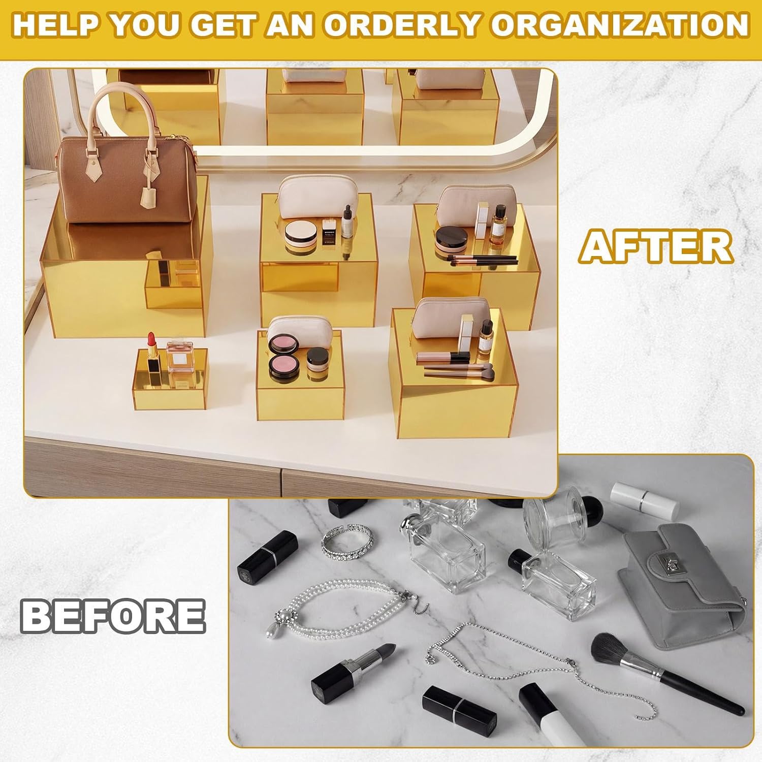 Geelin 6 Pack Acrylic Risers for Display Acrylic Cube Boxes Risers Display Stands with Hollow Bottoms Decorative Stand for Jewelry Candy Table Decor 6 Sizes(Gold,3 to 8 Inch,Square)