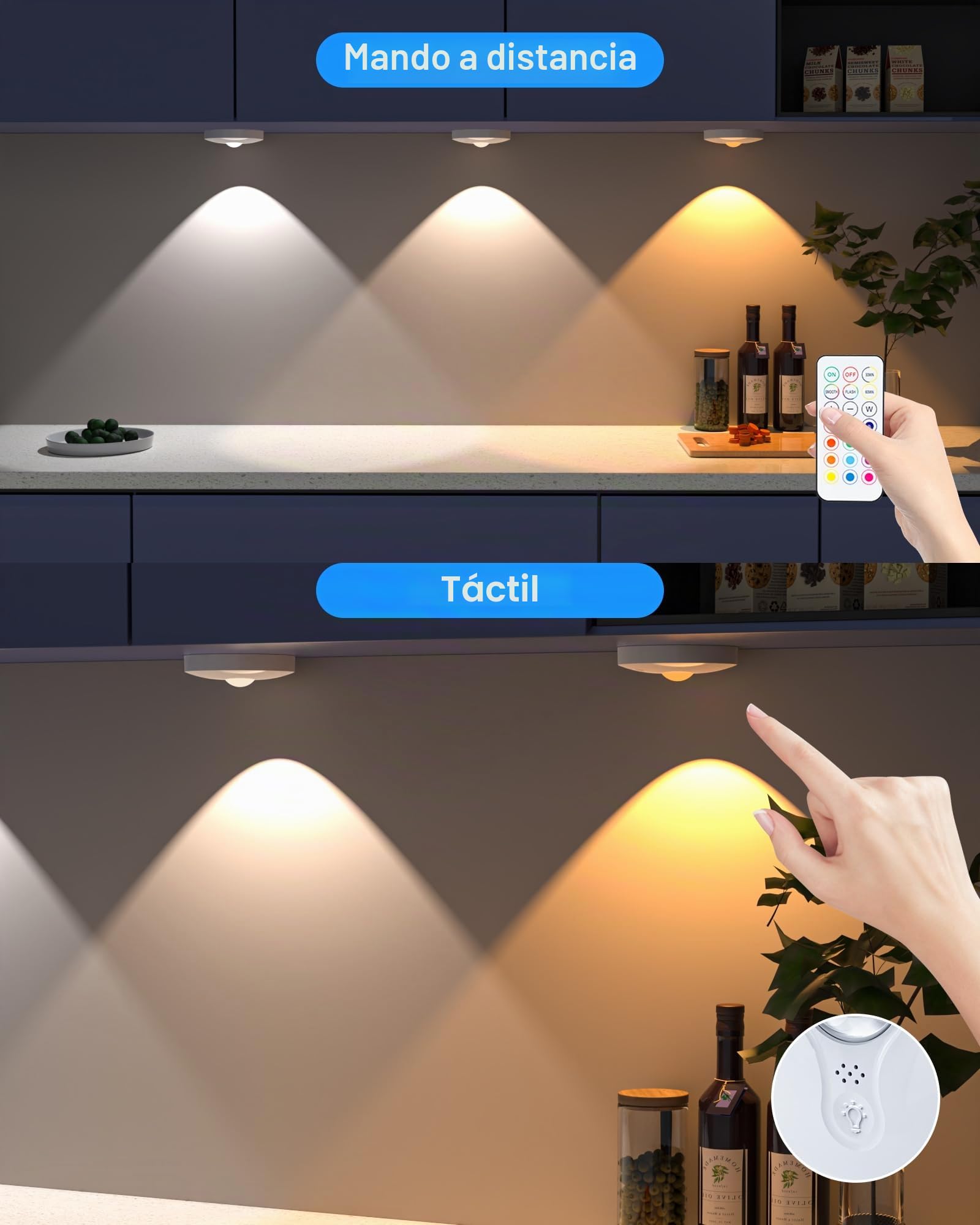 Luz LED Recargable 3 Temperaturas para Armarios y Vitrinas | Batería 1200mAh USB-C, 3 temperaturas, mando+táctil, temporizador, montaje magnético sin rayas