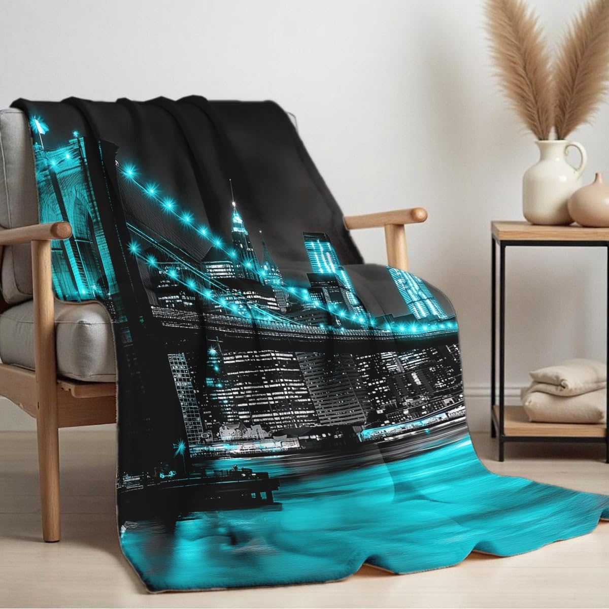 New York City Building Blanket for Bed Couch Cityscape Blanket Throw Black White Teal Decor Flannel Prints Bedding Home Decor (49"x59")