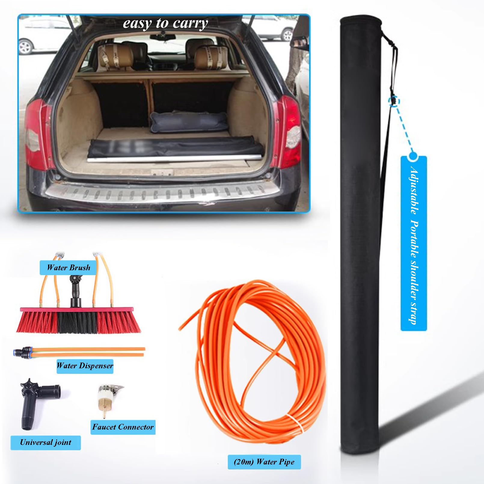 Pértiga metálica Extensible con Cabezal Giratorio Ajustable y Manguera de 20 m. Cepillo telescópico para Limpiar Azulejos, Suelos, Coches, baños, Pantallas y Parabrisas