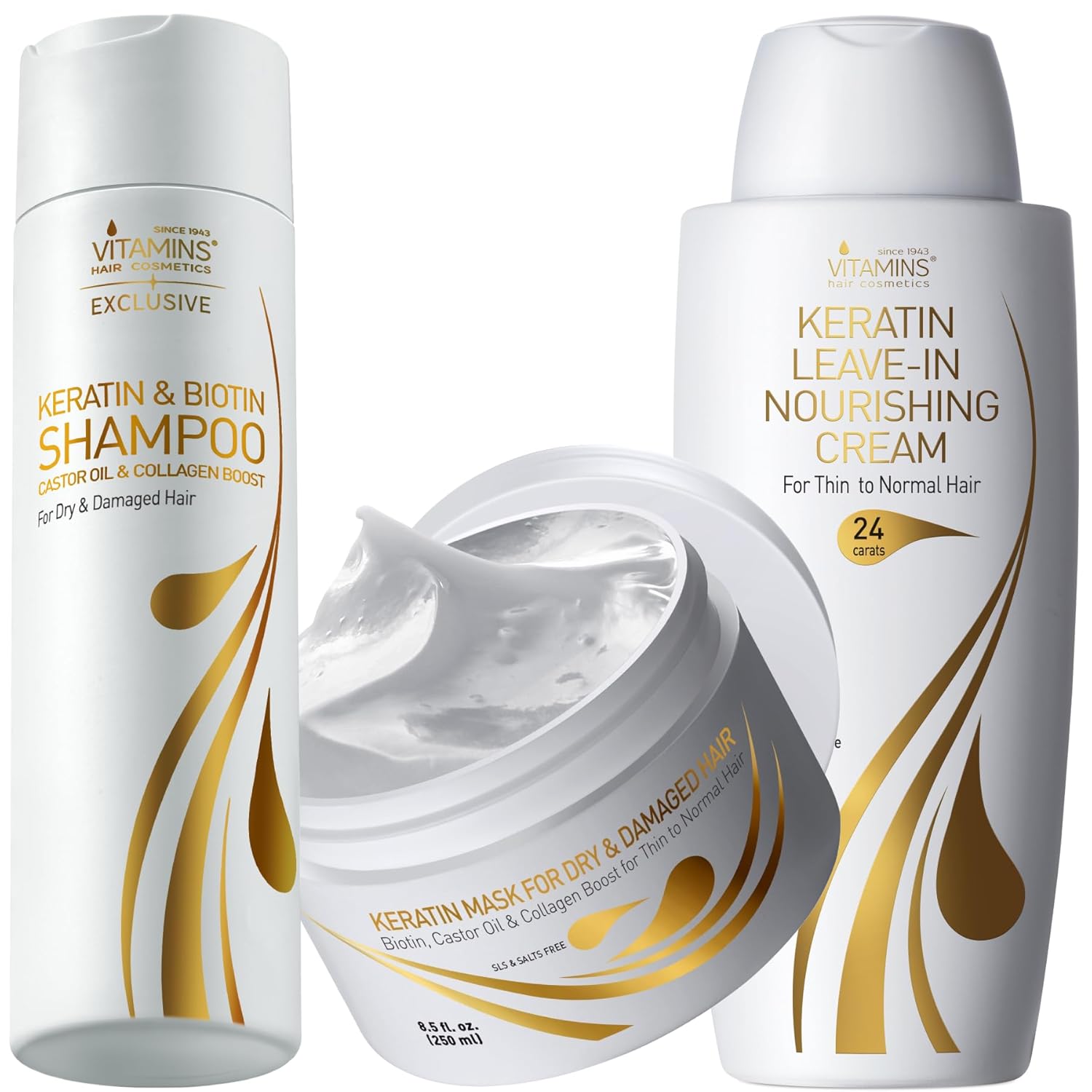 VITAMINS hair cosmetics Care Kit for Thin Hair - Nourishing Clarifying Shampoo, Intensive Deep Conditioner and Ultra Hydrating Leave-In Cream with Keratin and Argan Oil for Dry Damaged Hair